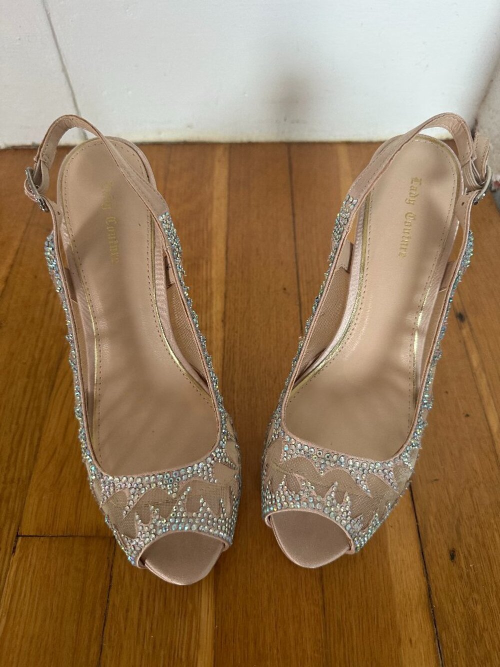 Lady Couture Dream Champagne Satin Rhinestone Peep Toe Heels 8M | 5" Heel